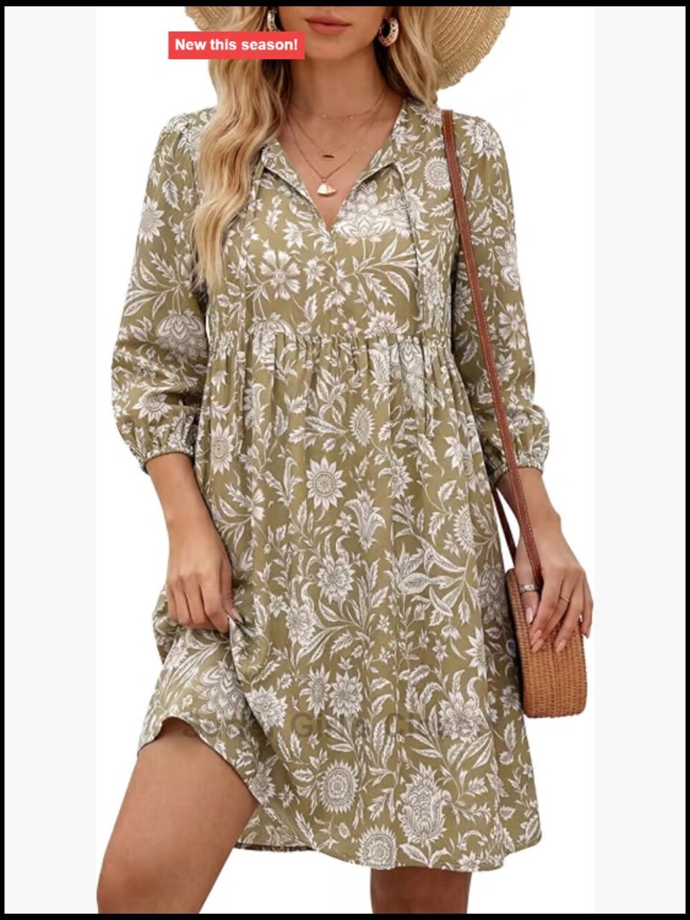 Women's Boho Babydoll Mini Dress 3/4 Sleeve Tie Neck Floral A-Line Loose Fit